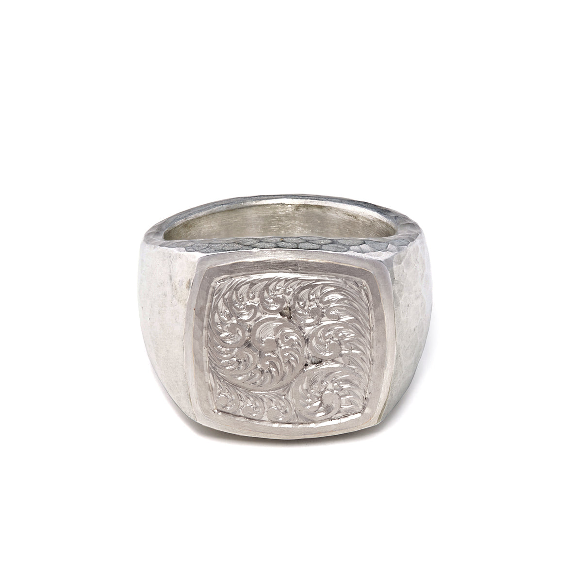 Silver and White Gold Engraved Signet Ring