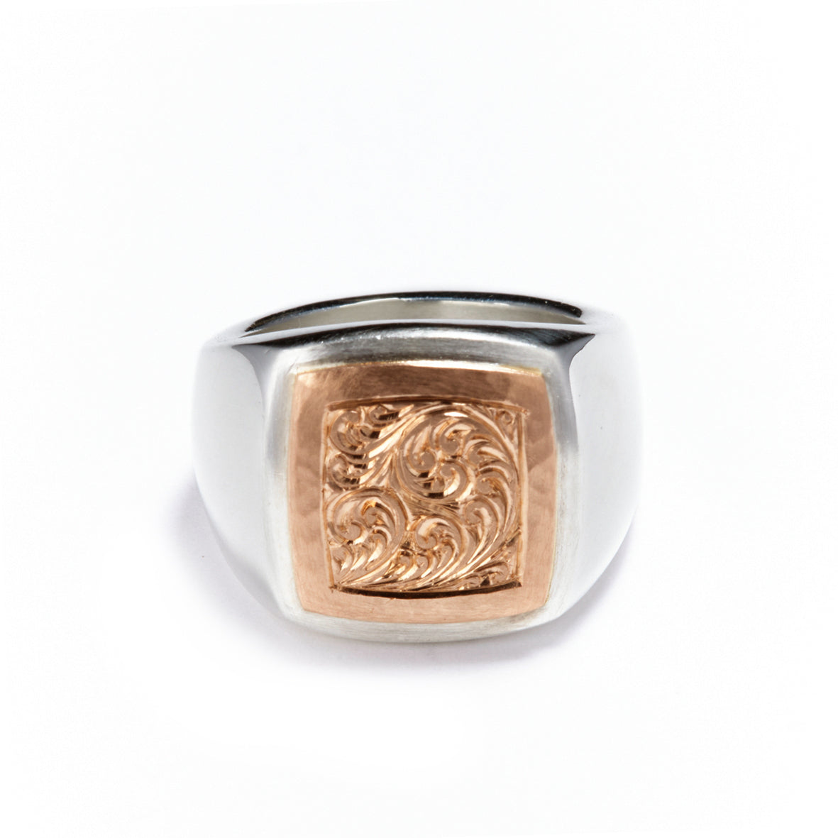 Silver and Gold Square Engraved Signet Ring