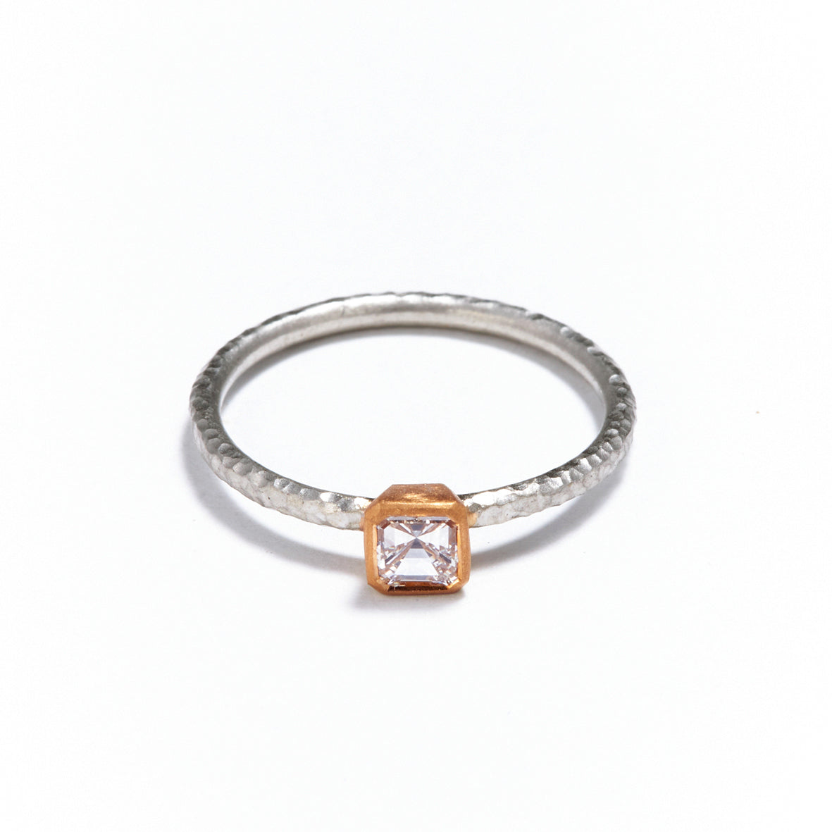Pinched Platinum and Gold Ascher Cut Diamond Ring