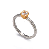 Pinched Platinum and Gold Cushion Cut Diamond Ring