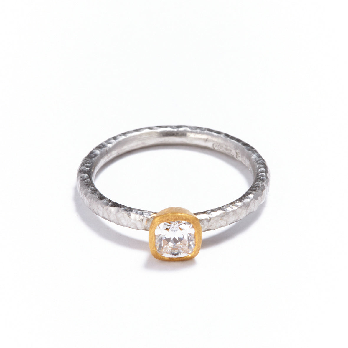 Pinched Platinum and Gold Cushion Cut Diamond Ring