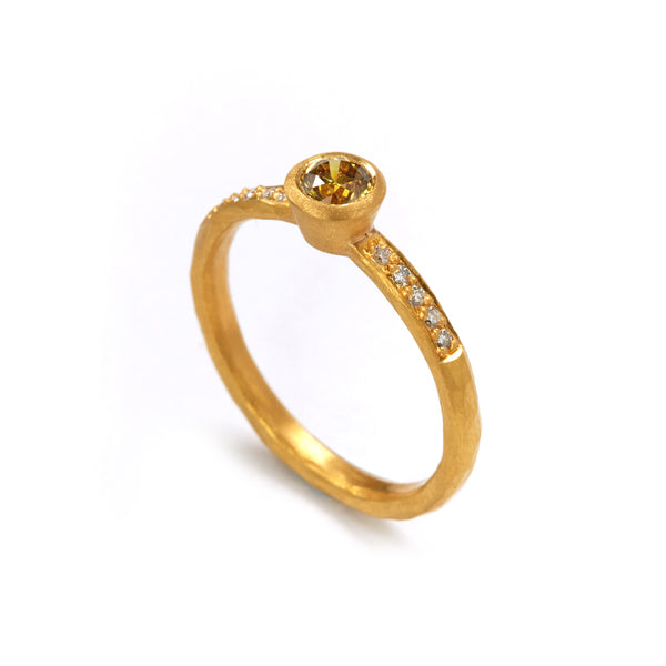 Gold Yellow Diamond Ring with Shoulder Diamonds