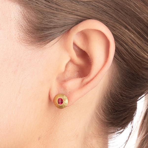 Gold Disc Ruby Earrings