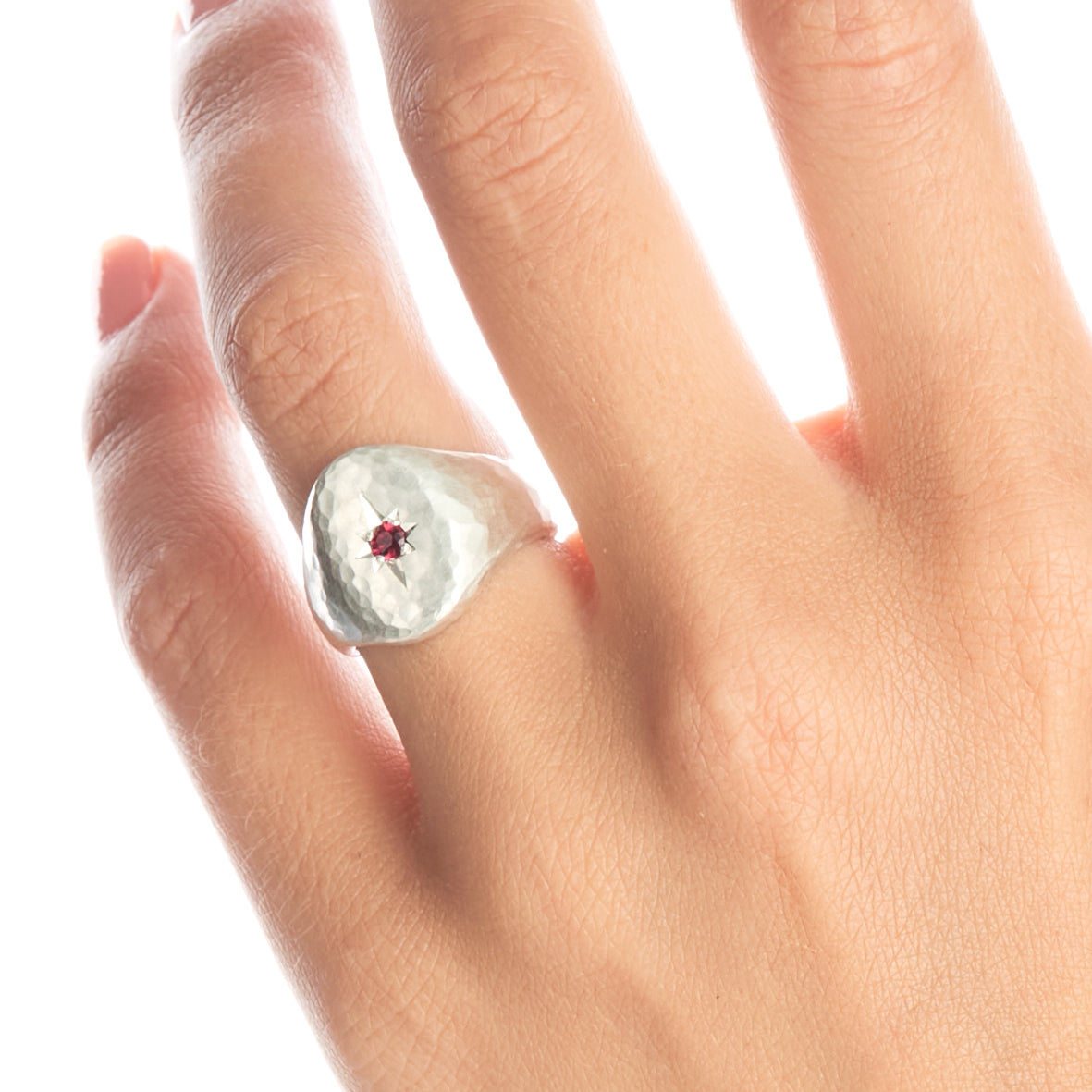 Hammered Silver Star Set Signet Ring