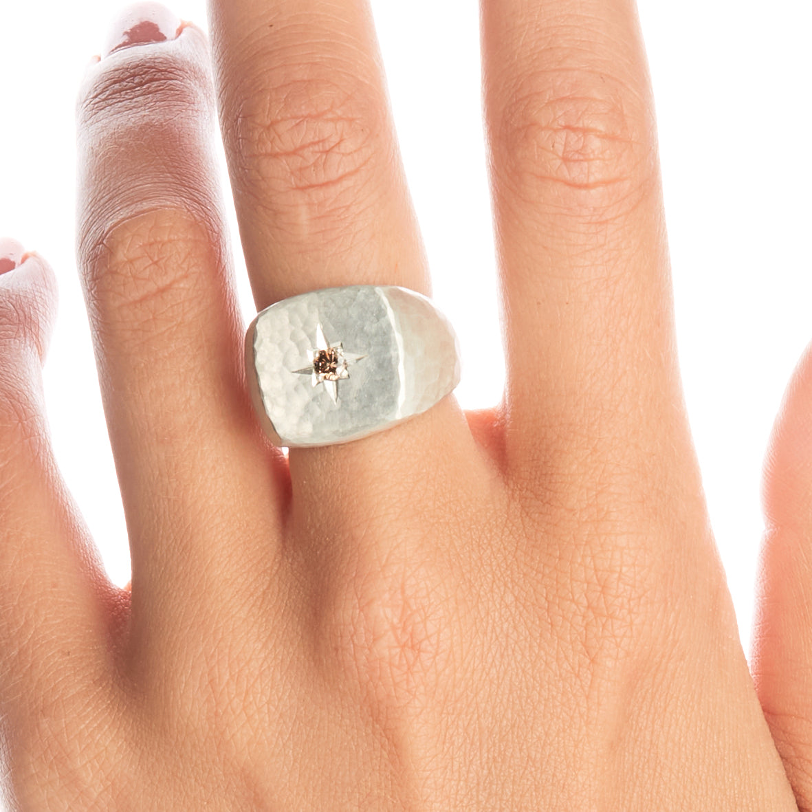 Hammered Silver Cognac Diamond Signet Ring
