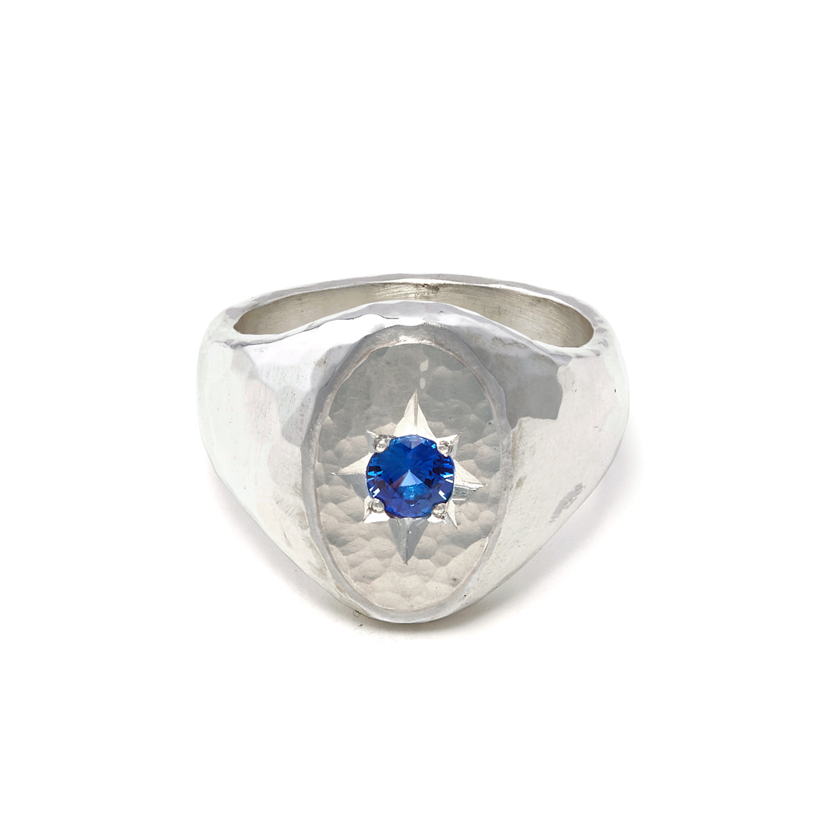 Silver and White Gold Star Set Sapphire Signet Ring