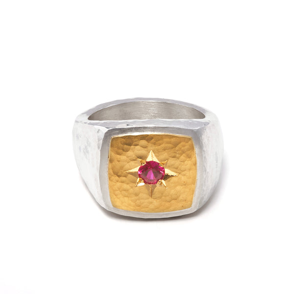 Silver and Gold Star Set Ruby Signet Ring