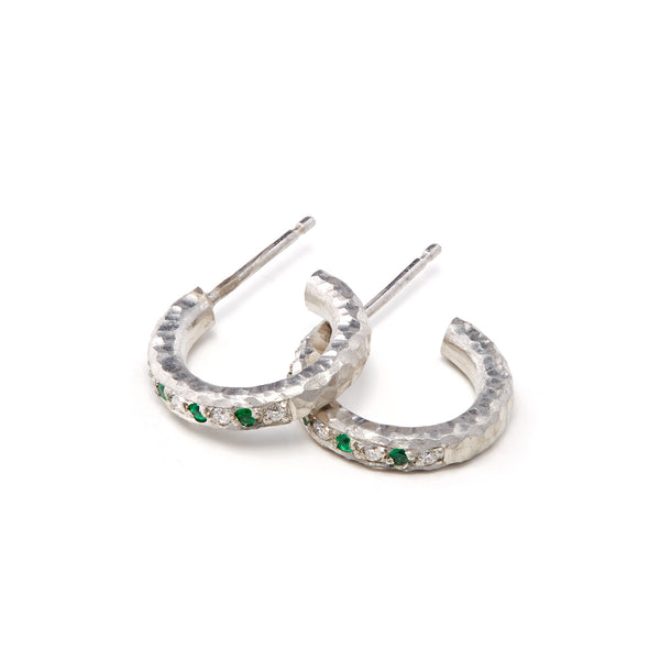 Platinum Hoop Diamond and Emerald Earrings