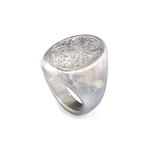 Silver and White Gold Oval Engraved Signet Ring
