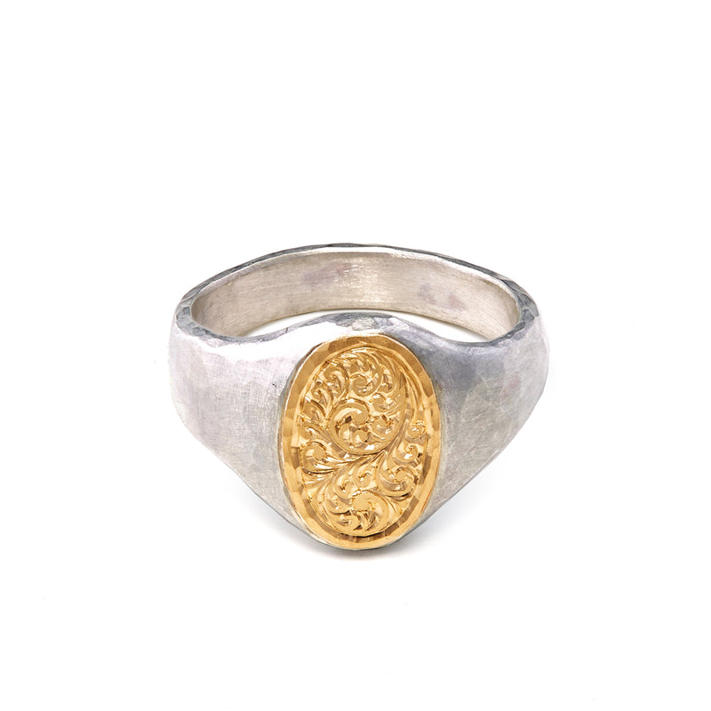 Silver and Gold Small Oval Engraved Signet Ring