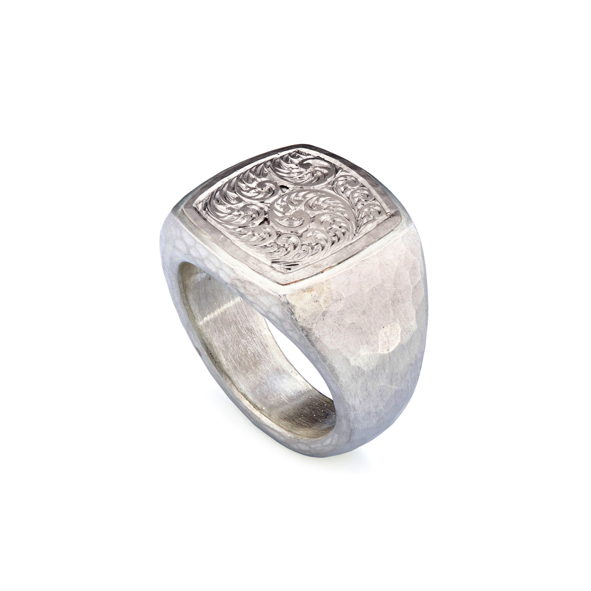 Silver and White Gold Engraved Signet Ring