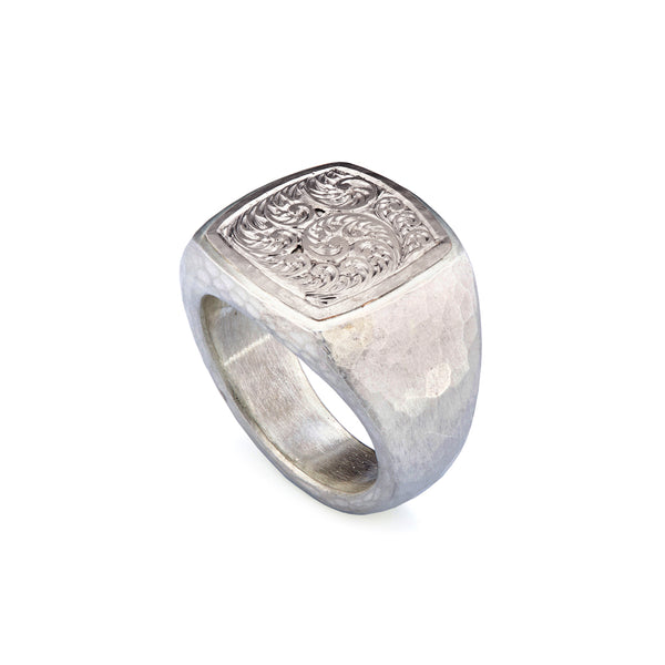 Silver and White Gold Engraved Signet Ring