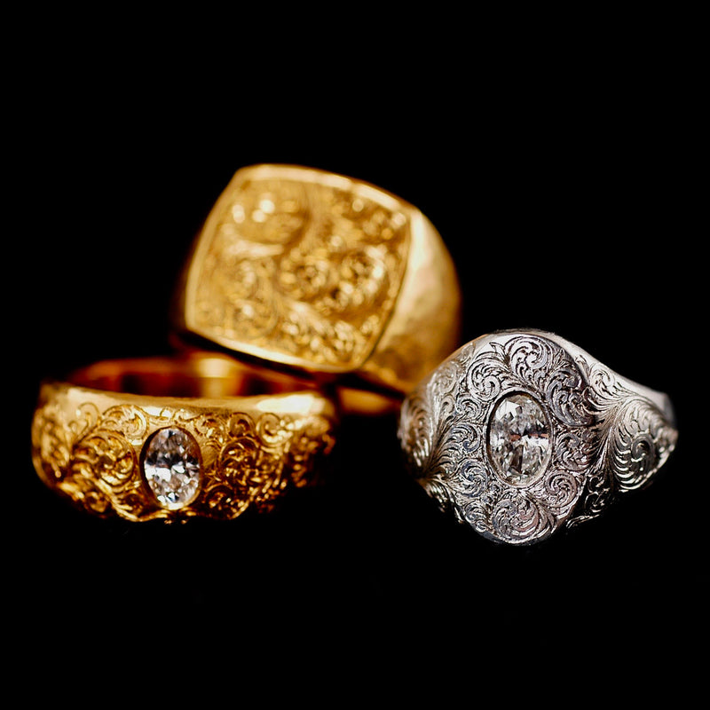 22ct Gold and Platinum Engraved Rings