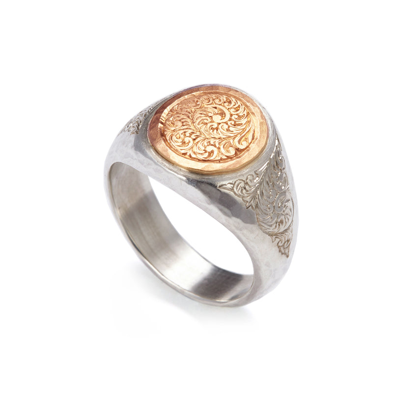 Silver and Gold Round Engraved Signet Ring