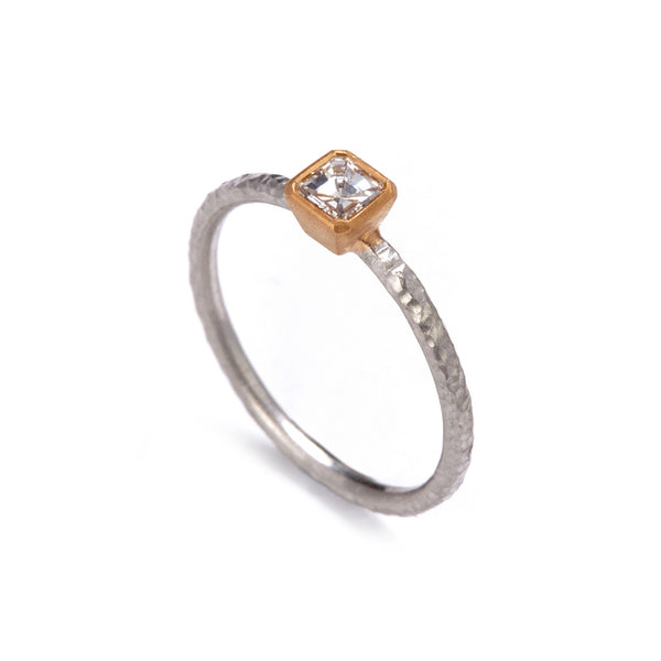 Pinched Platinum and Gold Ascher Cut Diamond Ring