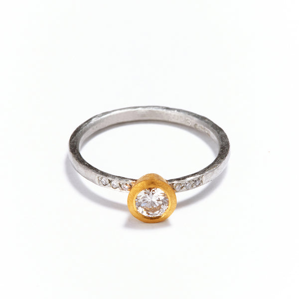 Platinum and Gold Diamond Ring with Shoulder Gems