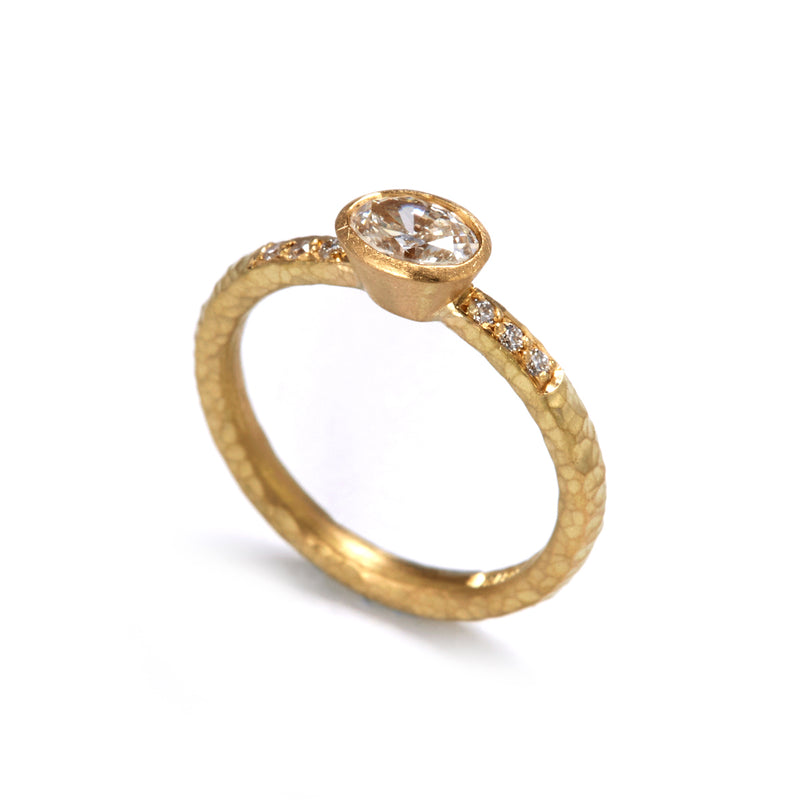 Pinched Yellow Gold Oval Diamond Ring with Shoulder Diamonds
