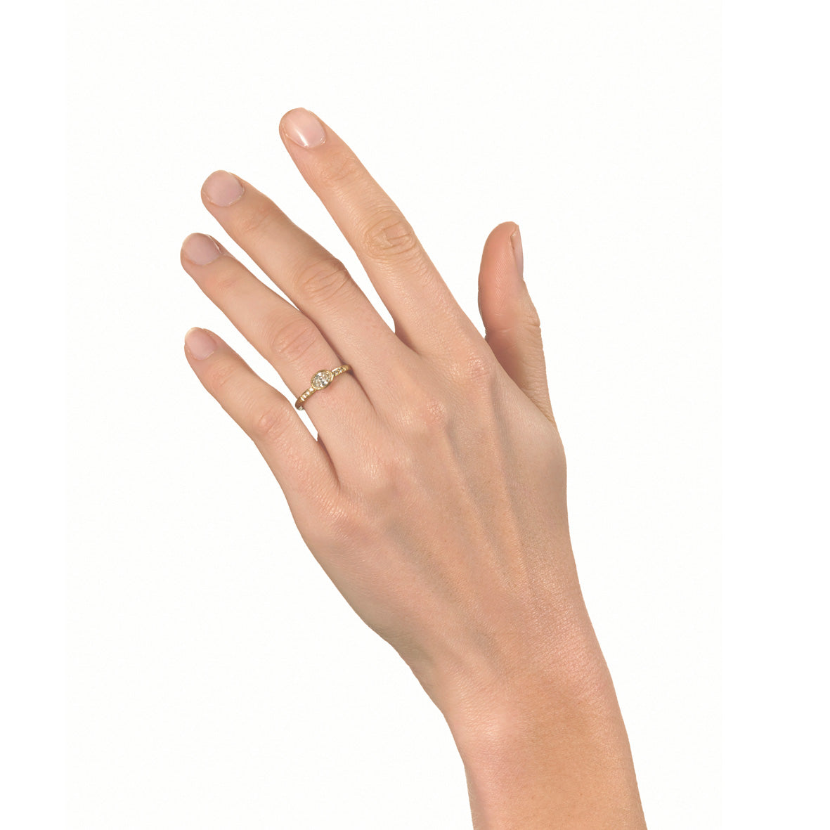 Pinched Yellow Gold Oval Diamond Ring with Shoulder Diamonds