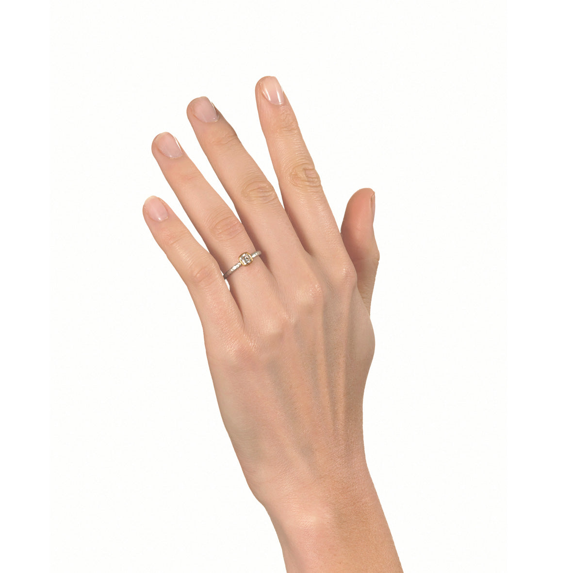 Pinched Platinum and Gold Cushion Cut Diamond Ring