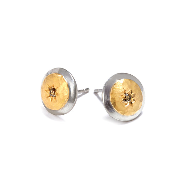 Silver and Gold Stud Cognac Diamond Earrings