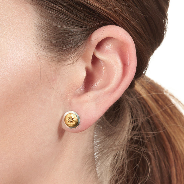 Silver and Gold Stud Cognac Diamond Earrings