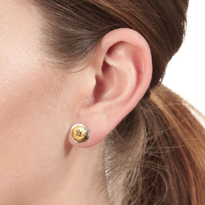 Silver and Gold Stud Cognac Diamond Earrings