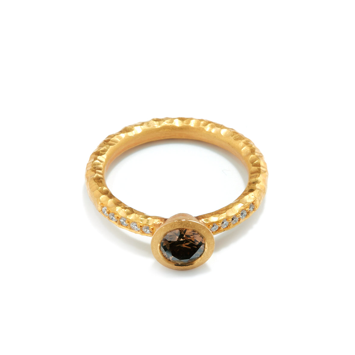 Pinched Gold Cognac Diamond Ring with Shoulder Diamonds