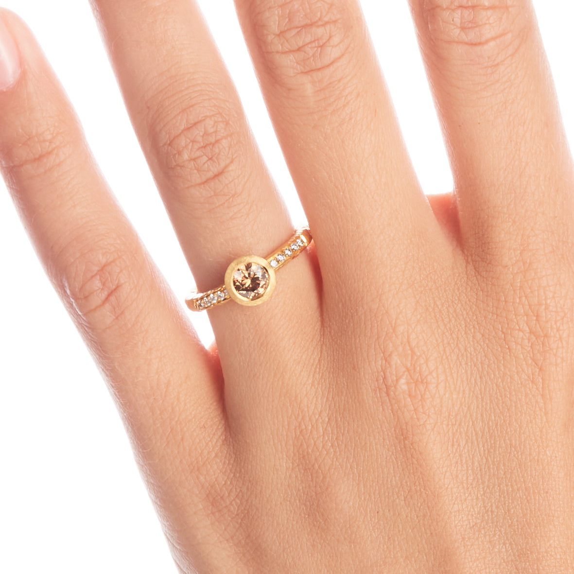 Pinched Gold Cognac Diamond Ring with Shoulder Diamonds