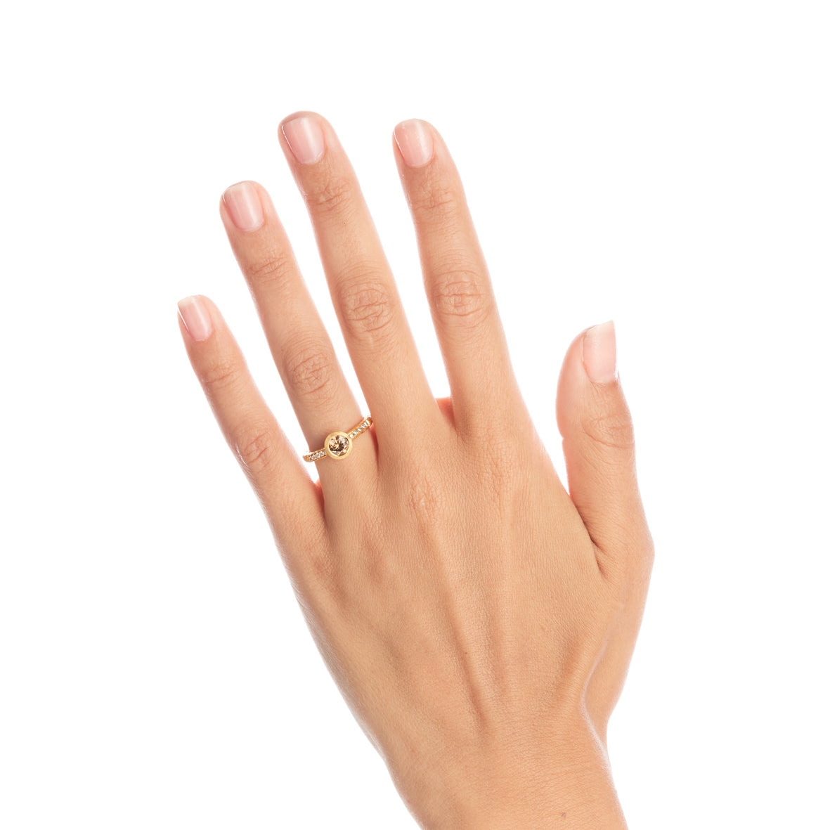 Pinched Gold Cognac Diamond Ring with Shoulder Diamonds