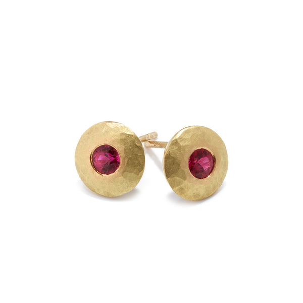 Gold Disc Ruby Earrings