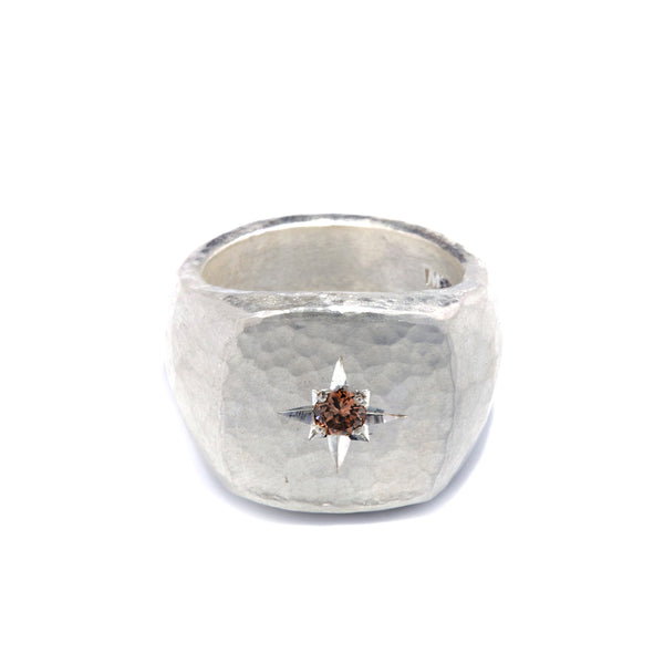Hammered Silver Cognac Diamond Signet Ring