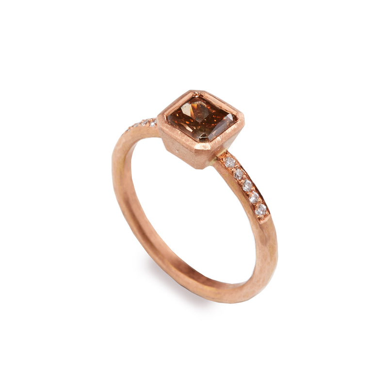 Rose Gold Ascher Cut Cognac Diamond Ring with Shoulder Diamonds