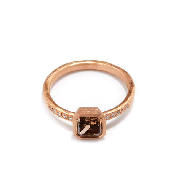 Rose Gold Ascher Cut Cognac Diamond Ring with Shoulder Diamonds