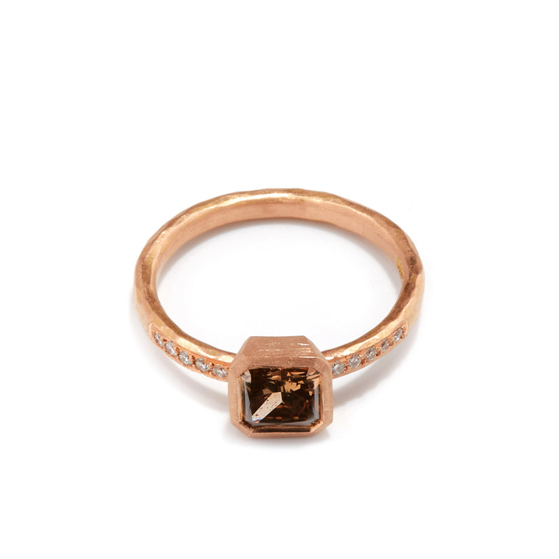 Rose Gold Archer Cut Cognac Diamond Ring with Shoulder Diamonds