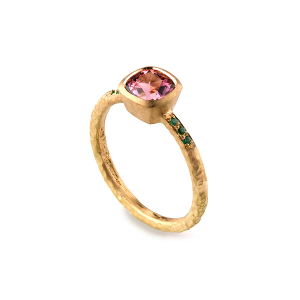 Pink Tourmaline Ring with Shoulder Emeralds