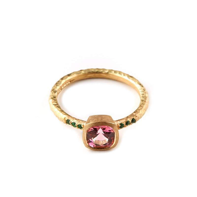 Pink Tourmaline Ring with Shoulder Emeralds