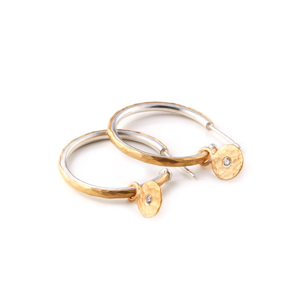 Silver Hoop Earrings with Diamond Charm
