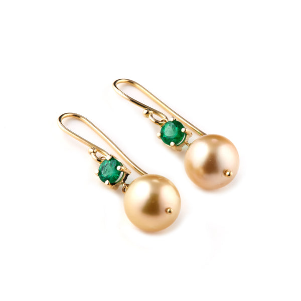 Beige Pearl and Emerald Drop Earrings