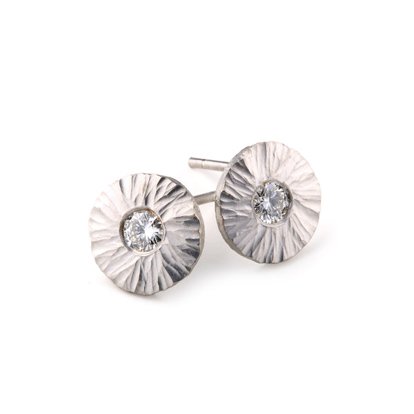 Platinum Hammered Disc Diamond Earrings