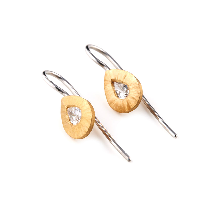 Platinum and 22ct Gold Pear Shaped Diamond Hook Earrings