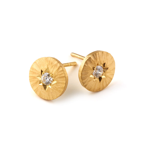 Gold Hammered Disc Diamond Earrings