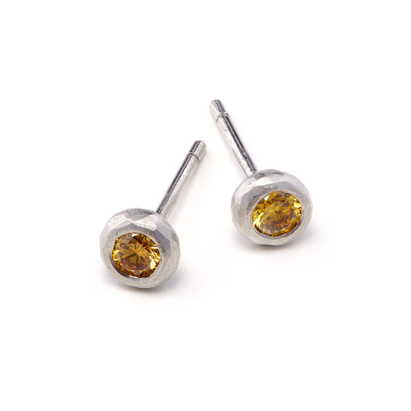 Platinum Ball Studs Yellow Diamond Earrings