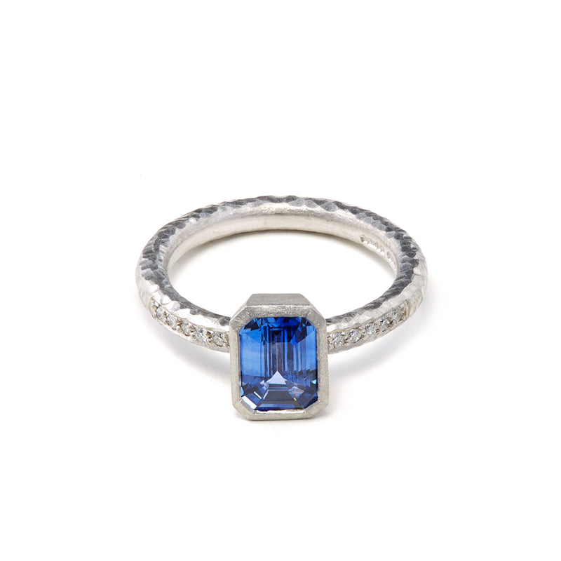 Pinched Platinum Emerald  Cut Sapphire Ring
