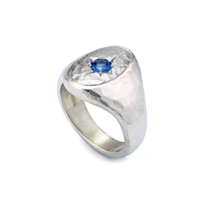 Silver and White Gold Star Set Sapphire Signet Ring
