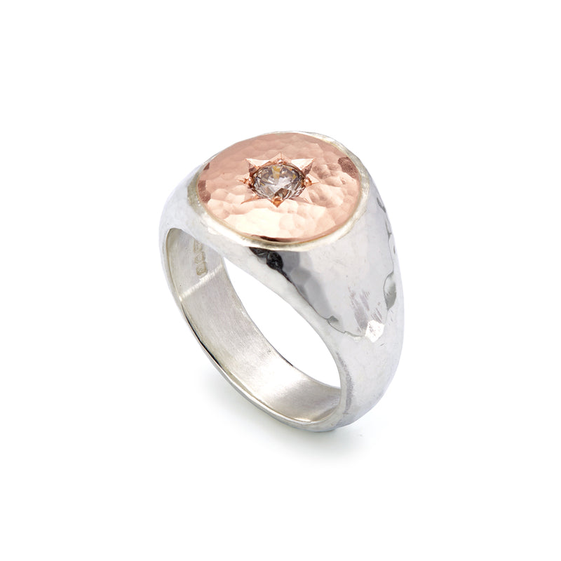 Silver and Gold Star Set Cognac Diamond Signet Ring