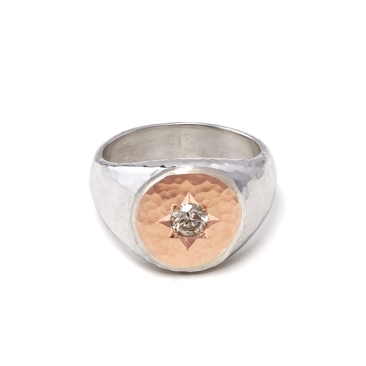 Silver and Gold Star Set Cognac Diamond Signet Ring