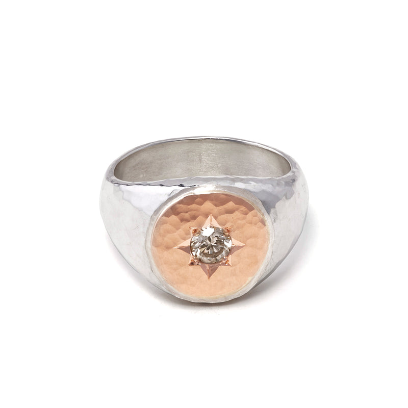 Silver and Gold Star Set Cognac Diamond Signet Ring
