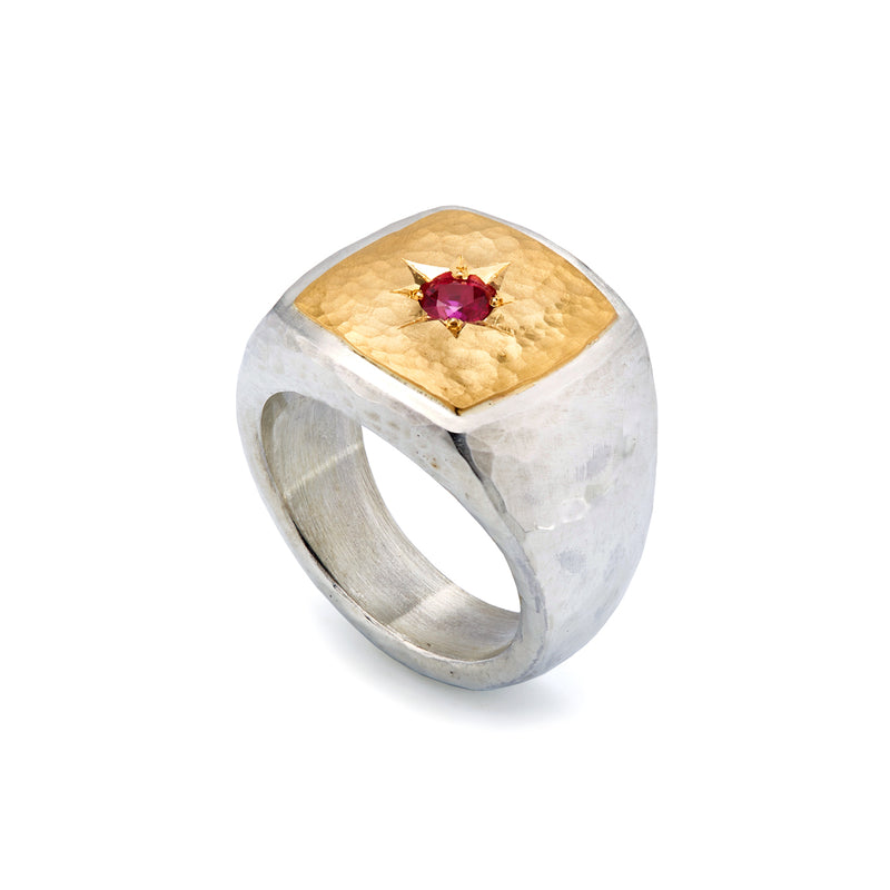 Silver and Gold Star Set Ruby Signet Ring